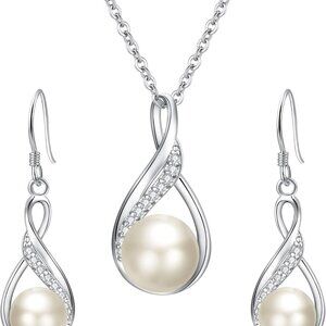 Sterling Silver Pearl Jewelry Set Necklace Earrings Bridal Gift
